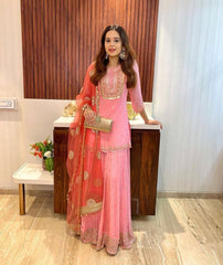 Charming  Embroidery Sequence Work Peach Color Sharara Suit