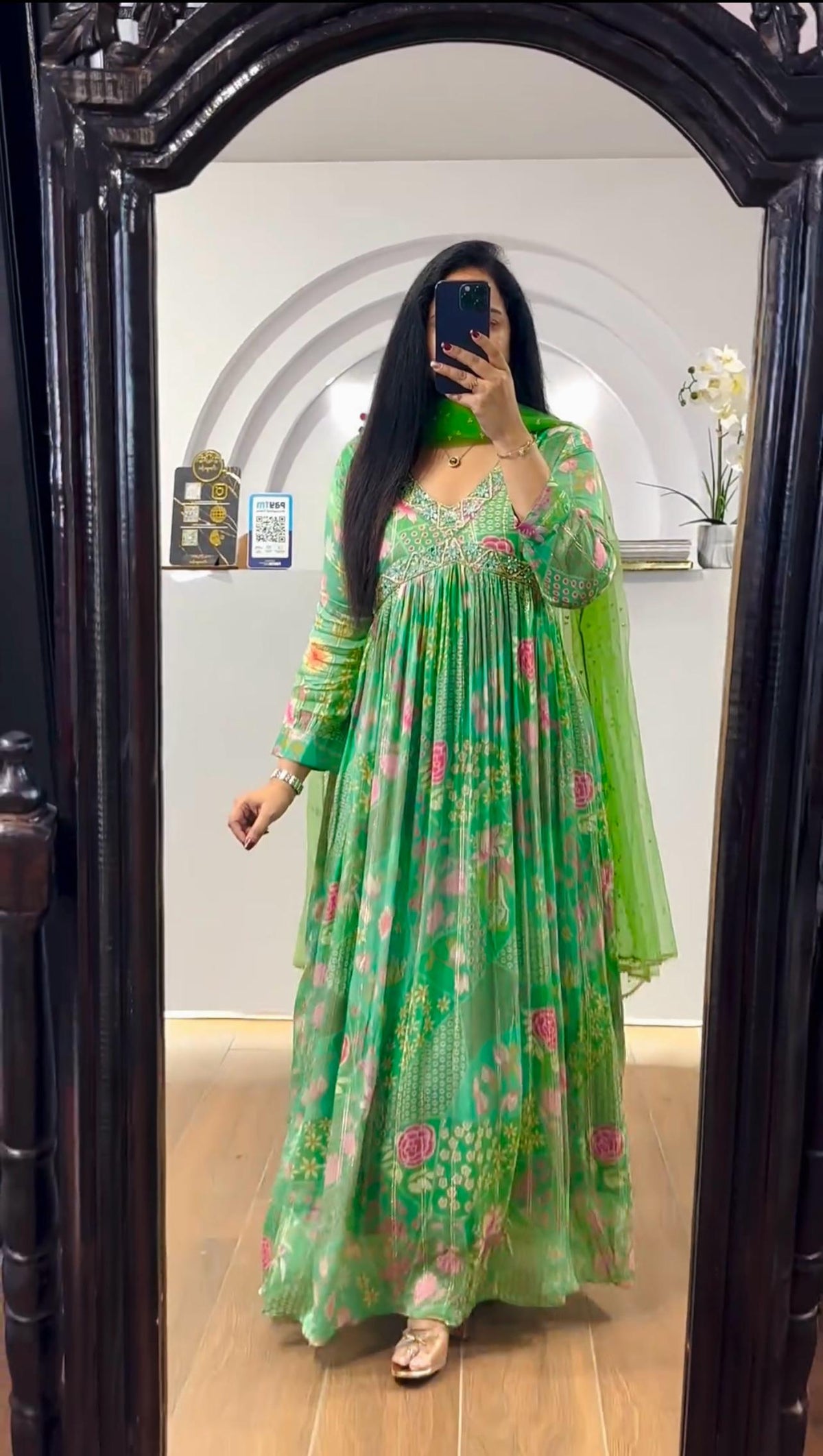 Fashionable Green Color Digital Print with Hand Work Aliya Cut Anarkali suit