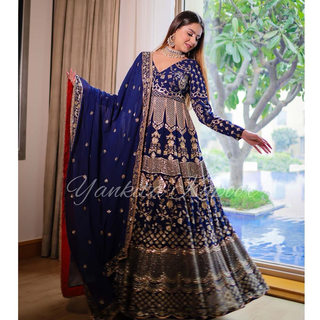 Presenting  Embroidery Sequence Work Blue Color Long Gown