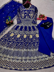 Presenting  Embroidery Sequence Work Blue Color Long Gown