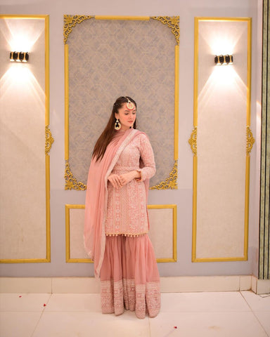 Glimmering Peach Color Embroidery Sequence Work Sahara Suit