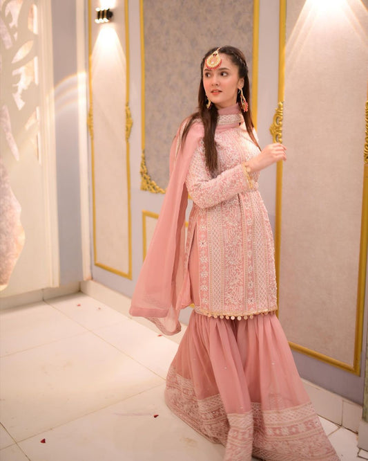 Glimmering Peach Color Embroidery Sequence Work Sahara Suit
