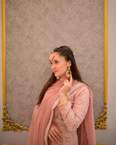 Glimmering Peach Color Embroidery Sequence Work Sahara Suit