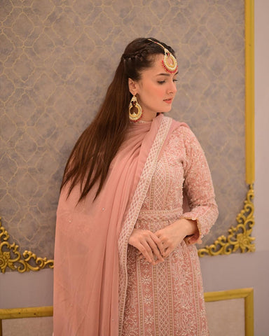 Glimmering Peach Color Embroidery Sequence Work Sahara Suit
