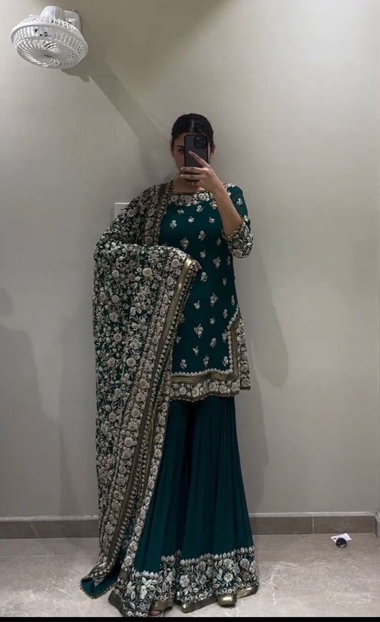 Glimmering  Green Color Thread Embroidery Sequence Work Sharara Suit