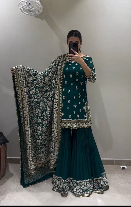 Glimmering  Green Color Thread Embroidery Sequence Work Sharara Suit