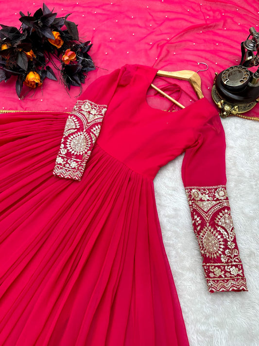 Captivating  Pink  Color  Embroidery Sequence Long Gown