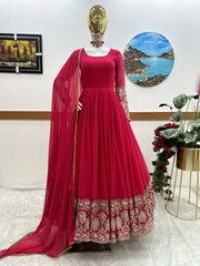 Captivating  Pink  Color  Embroidery Sequence Long Gown