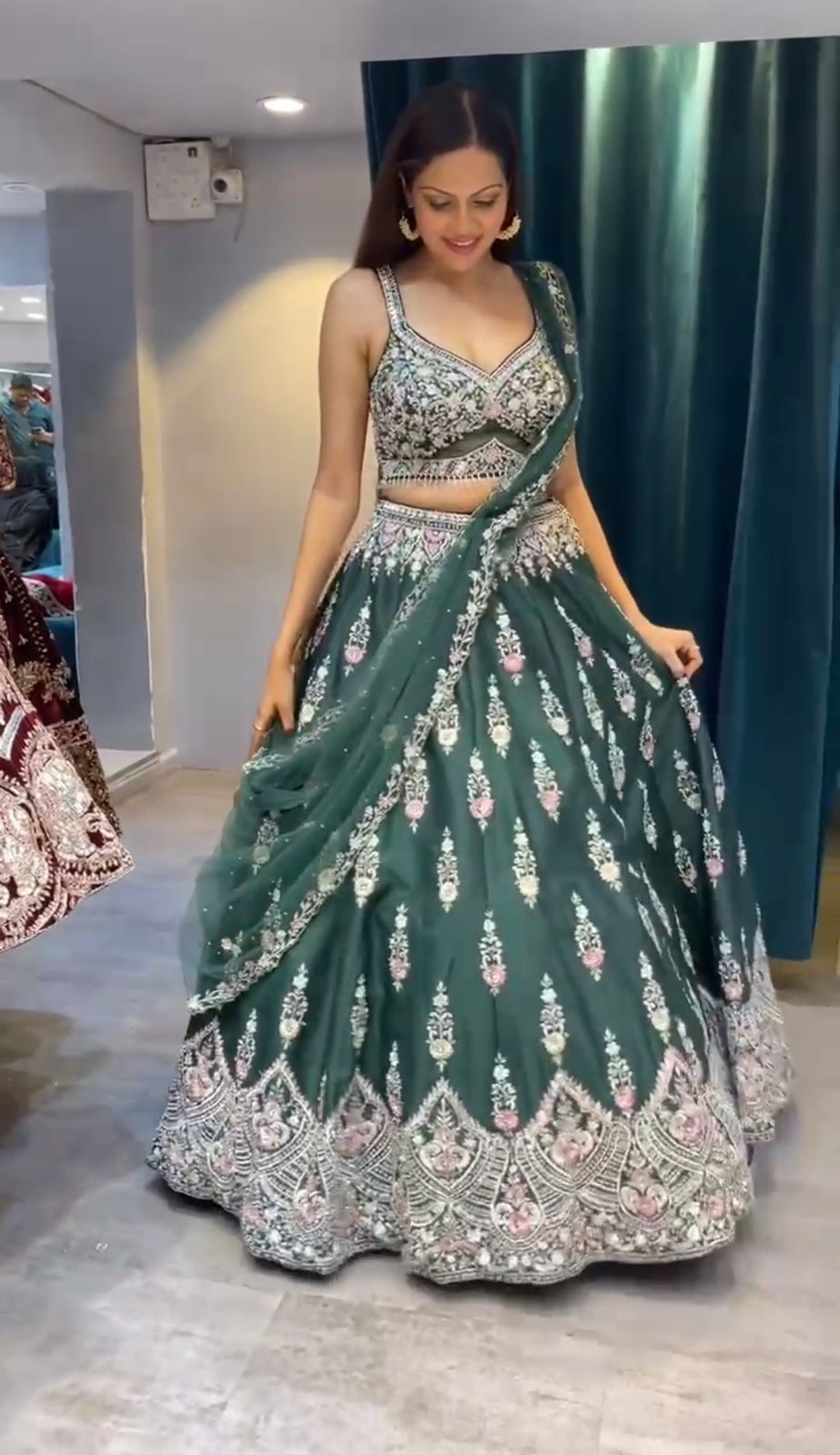 Wonderful  Chine Stitch Work Green Color Lehenga Choli