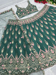 Wonderful  Chine Stitch Work Green Color Lehenga Choli