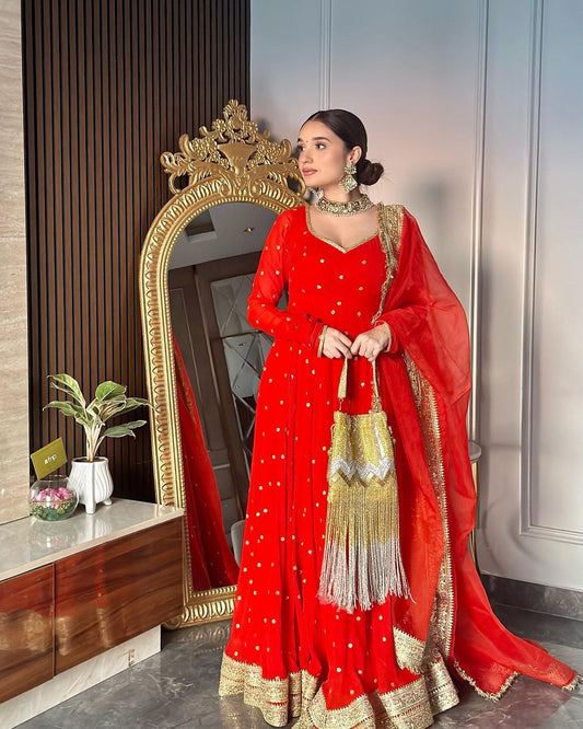 Captivating Thread With Sequence Red Color Long Gown