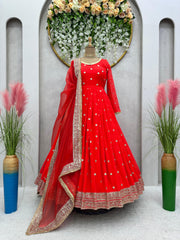 Captivating Thread With Sequence Red Color Long Gown