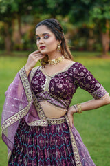 Captivating Purple Color Foil Print Embroidery Work Lehenga Choli