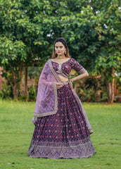 Captivating Purple Color Foil Print Embroidery Work Lehenga Choli