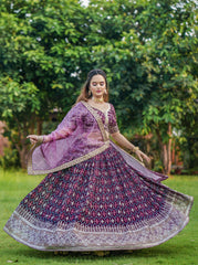 Captivating Purple Color Foil Print Embroidery Work Lehenga Choli