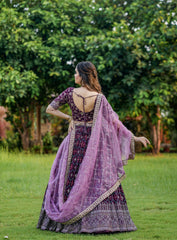 Captivating Purple Color Foil Print Embroidery Work Lehenga Choli