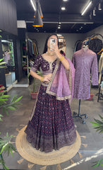 Preferable Foil Print Embroidery Work Purple Color Couple Combo