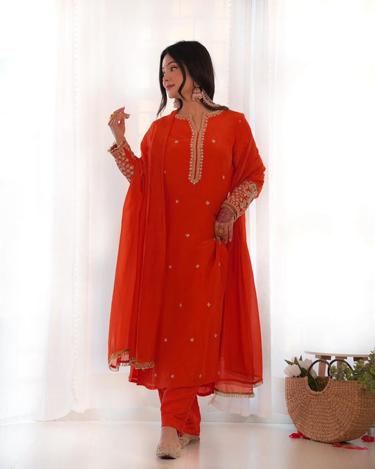 Fashionable Embroidery Sequence Work Orange Color Anarkali Suit