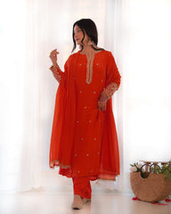 Fashionable Embroidery Sequence Work Orange Color Anarkali Suit