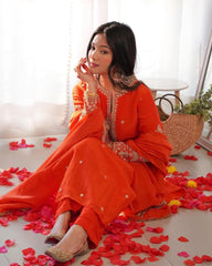 Fashionable Embroidery Sequence Work Orange Color Anarkali Suit