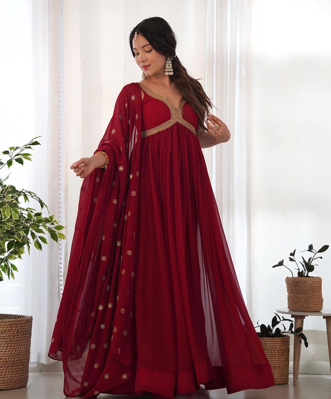 Attractive Embroidery Sequence Work Red Color Gown