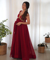 Attractive Embroidery Sequence Work Red Color Gown