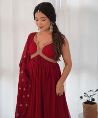 Attractive Embroidery Sequence Work Red Color Gown