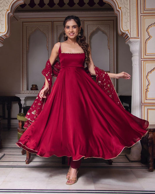 Classic Plain Red Color Georgette Gown