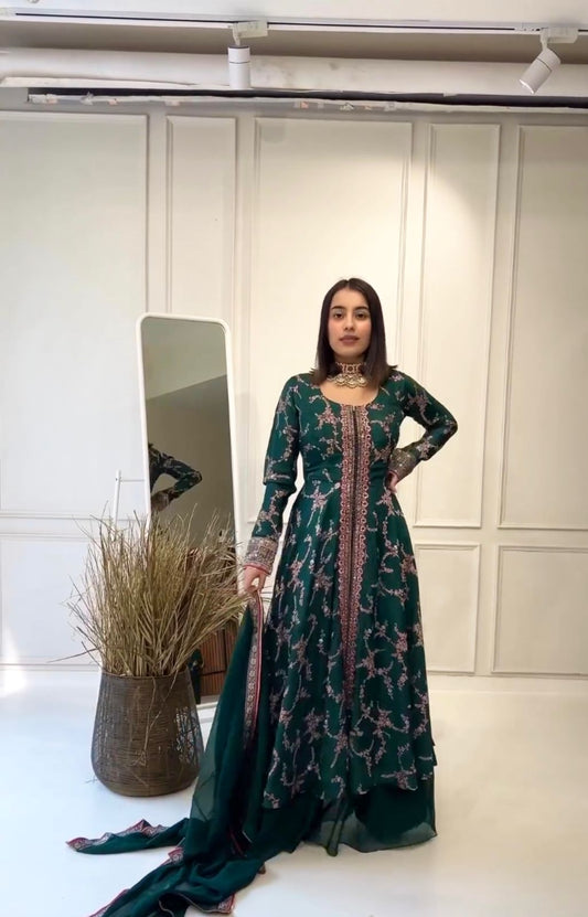 Shining Embroidery Sequence Work Green Color Sharara Suit