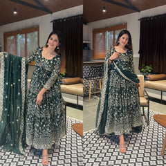 Delightful Sequence Multi Needle Work Green Color Long Gown