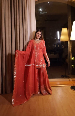 Innovative Embroidery Sequence Work Orange Color Sharara Suit
