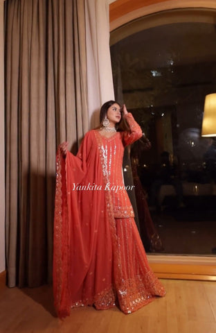 Innovative Embroidery Sequence Work Orange Color Sharara Suit