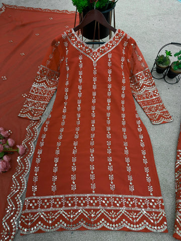 Innovative Embroidery Sequence Work Orange Color Sharara Suit