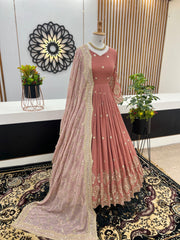 Mesmerizing Embroidery Sequence Work Peach Color Long Gown