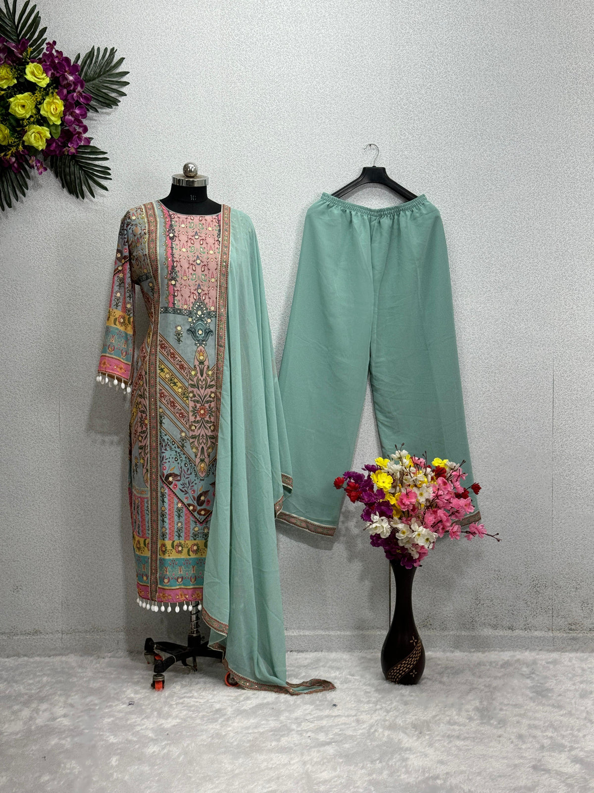 Captivating Digital Print Mirror Hand Work Multi Color Sharara Suit