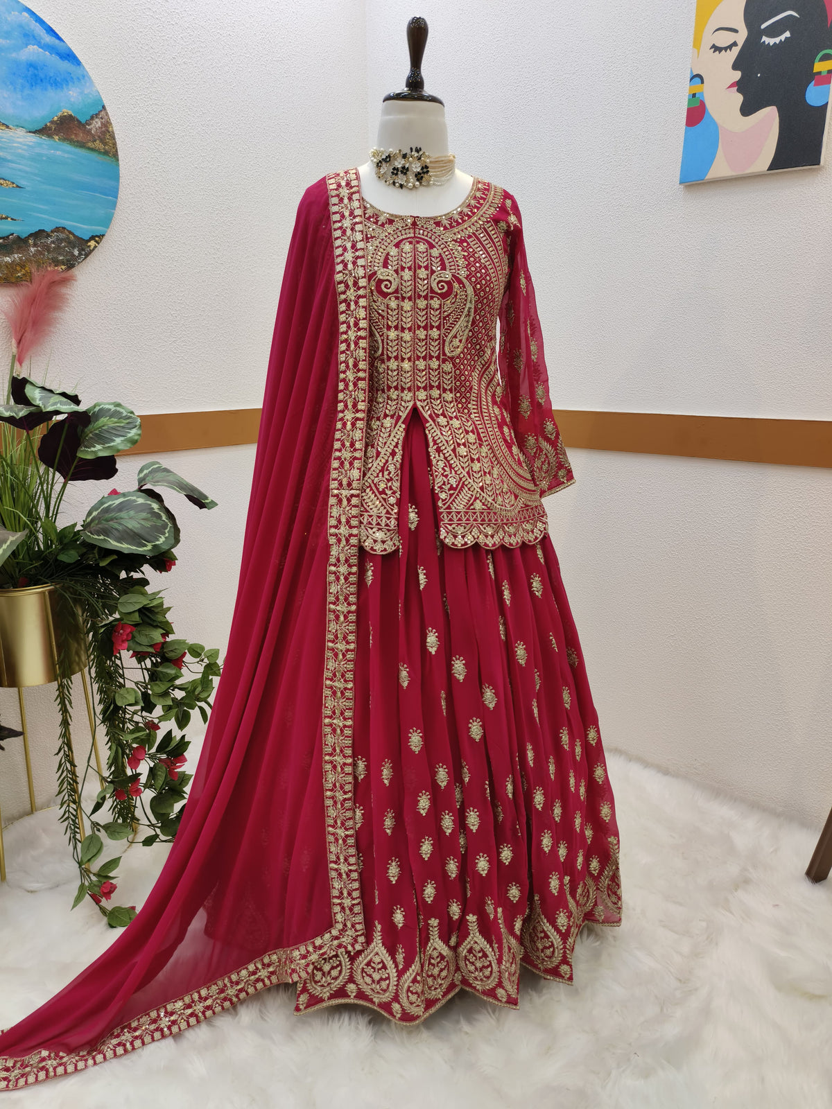 Wonderful Embroidery Sequence Pink Color Top With Lehenga