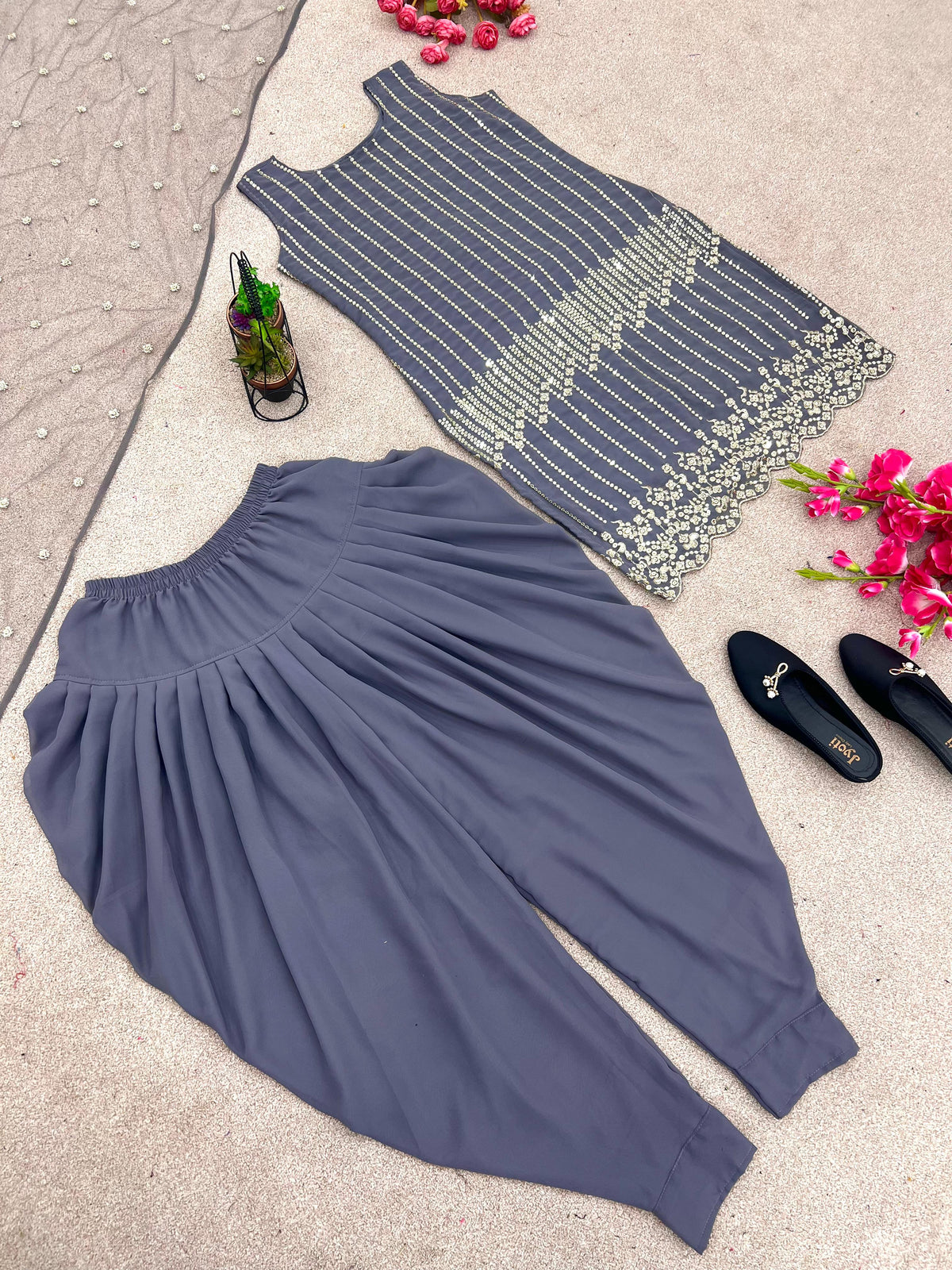 Captivating Embroidery Sequence Work Grey Color Dhoti Suit