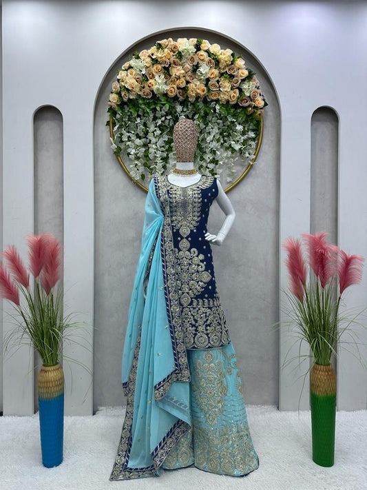 Imposing Blue Color Sequence Work Palazzo Suit