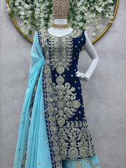 Imposing Blue Color Sequence Work Palazzo Suit