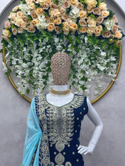 Imposing Blue Color Sequence Work Palazzo Suit