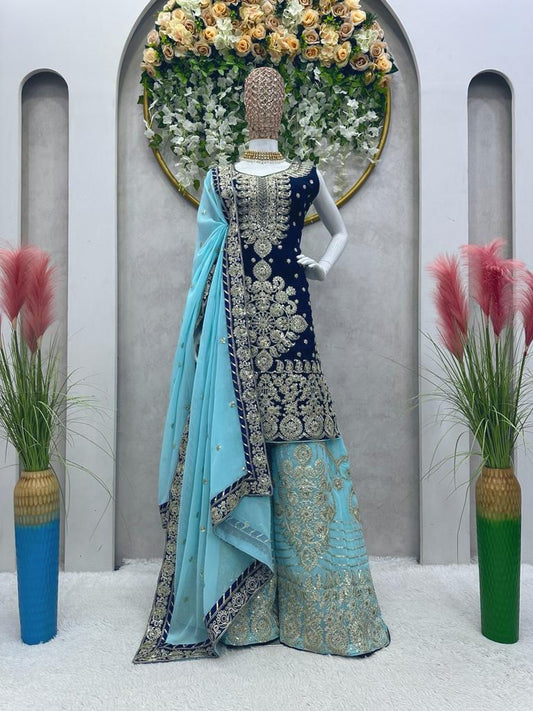 Imposing Blue Color Sequence Work Palazzo Suit