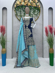 Imposing Blue Color Sequence Work Palazzo Suit