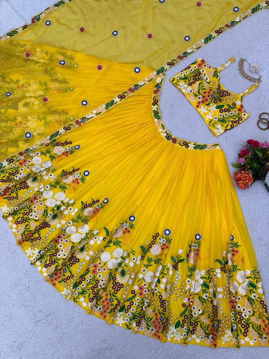 Haldi Wear Embroidered Work Yellow Color Lehenga Choli