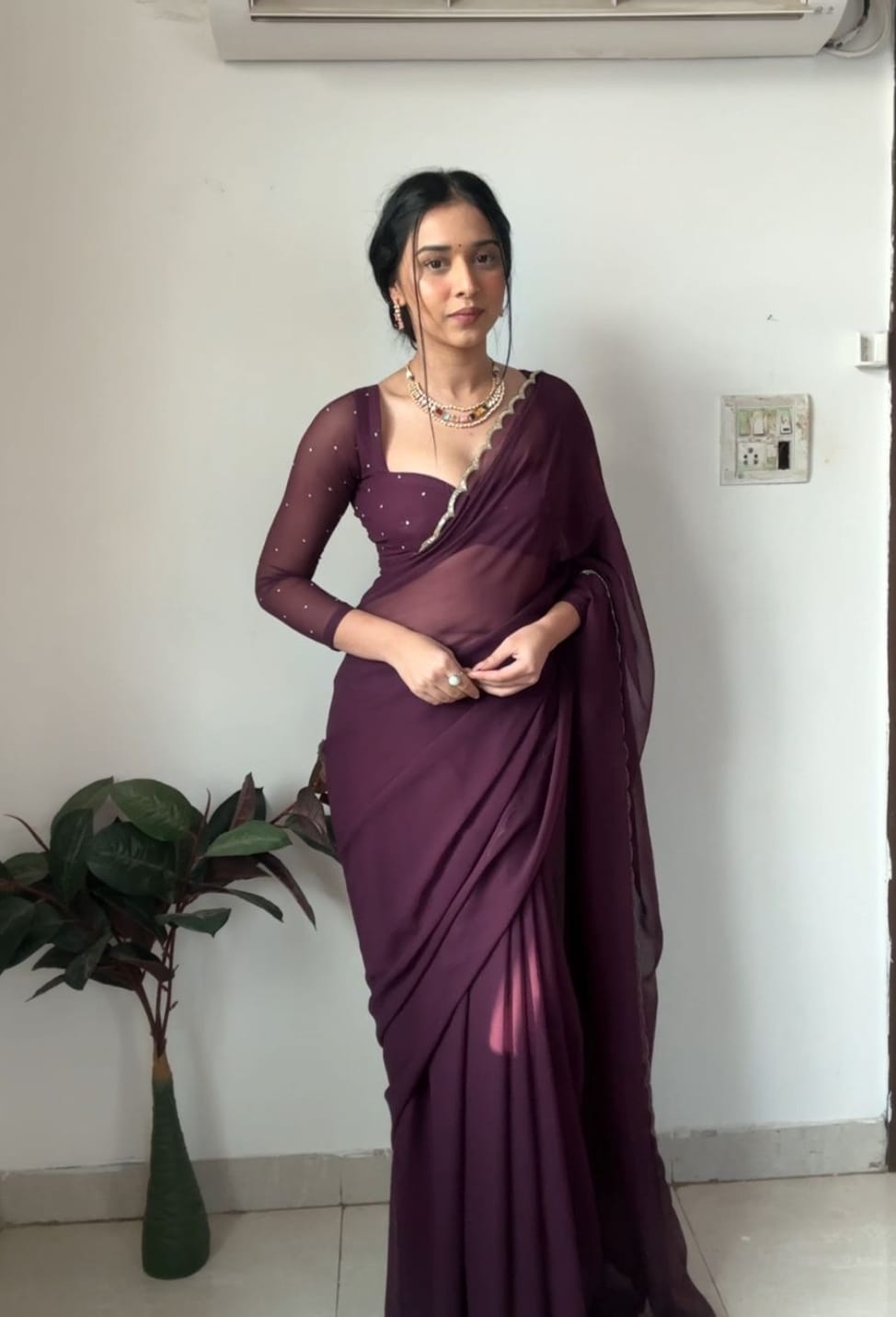 Outstanding Beautiful Handwork Purple Color Saree