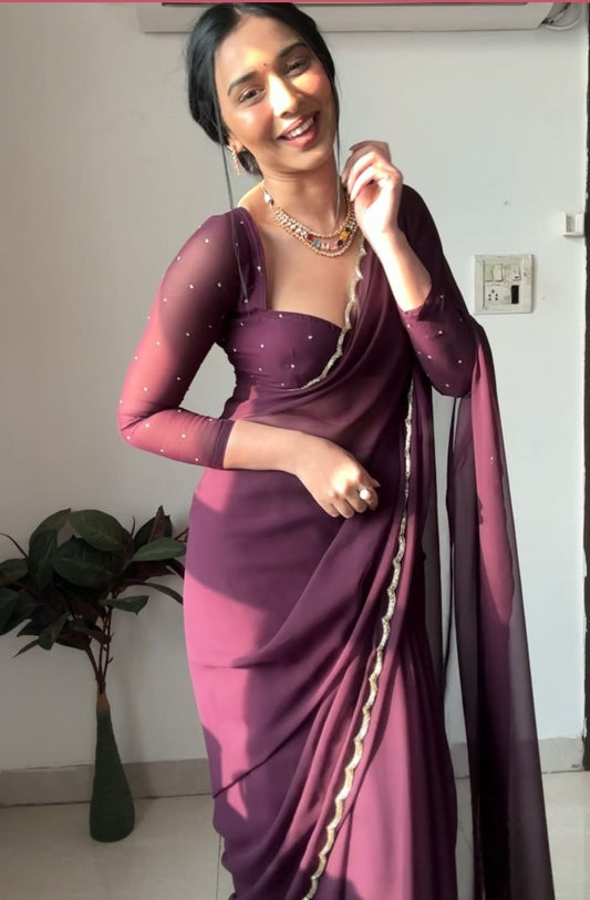 Outstanding Beautiful Handwork Purple Color Saree