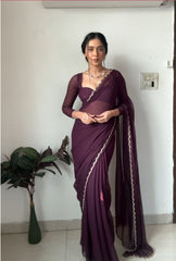 Outstanding Beautiful Handwork Purple Color Saree