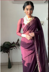 Outstanding Beautiful Handwork Purple Color Saree