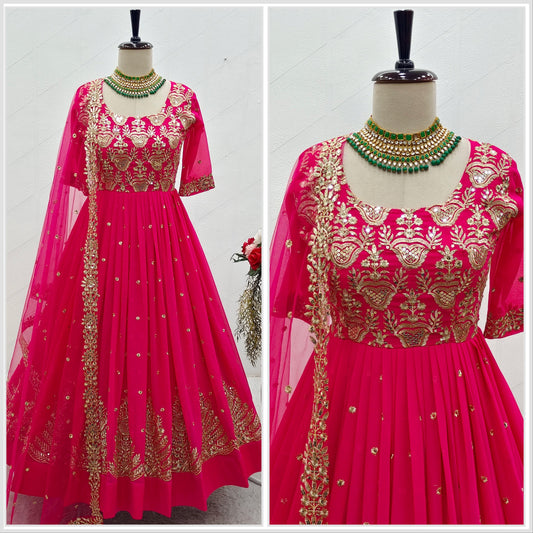 Innovative  Sequence Embroidery Work Pink Color Long Gown