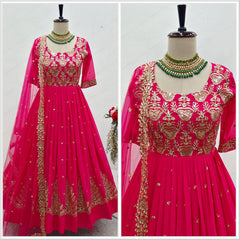 Innovative  Sequence Embroidery Work Pink Color Long Gown