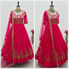 Innovative  Sequence Embroidery Work Pink Color Long Gown